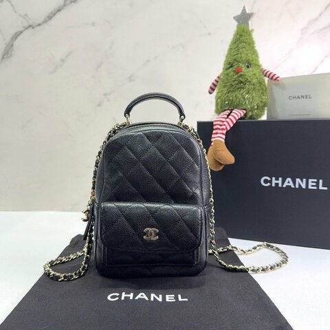 CHANEL Mini荔枝皮黑金後背包