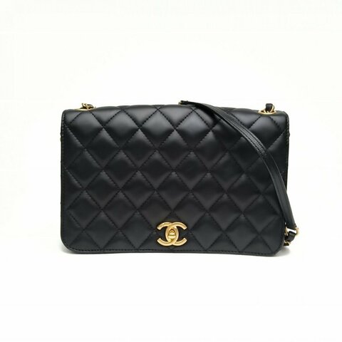 CHANEL香奈兒 黑色羊皮革金扣CF季節款菱格紋翻蓋鏈條包肩背包