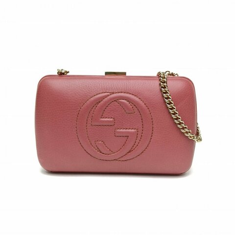 GUCCI 豆沙粉牛皮革金扣Soho盒子晚宴包肩背包