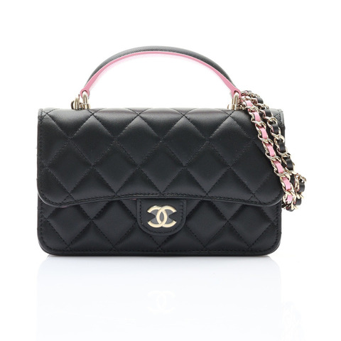 CHANEL 香奈兒 Chain Top Handle 肩背包 黑/粉色 菱格紋 羊皮 金扣 AP3226