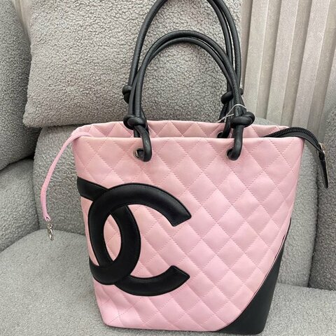 香奈兒 Chanel 康鵬手提包 粉黑拼色 小羊皮 銀扣