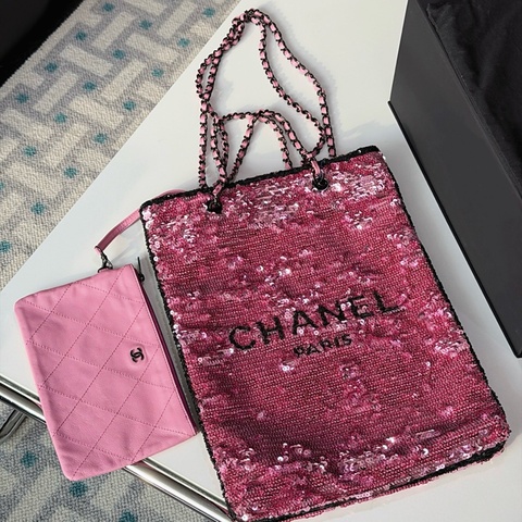 Chanel香奈兒 24S限量款蜜桃粉色亮片tote托特包手提包單肩包