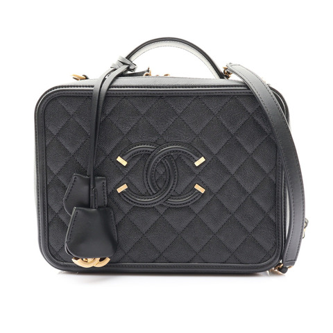 CHANEL 香奈兒 Vanity Case 肩背包 黑色 荔枝紋 菱格紋牛皮 金釦 A13043 A93344