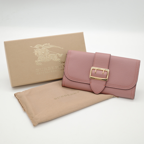 Burberry 乾燥玫瑰色 牛皮 金扣 長夾 | 多卡位+零錢格+鈔票位 | 絕美煙燻粉拚格紋內裡