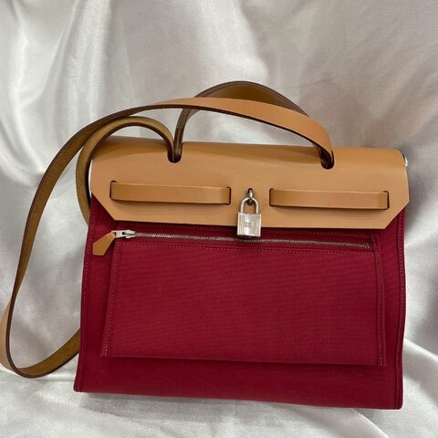 愛馬仕 Hermès Herbag 31 棕紅拼色 皮革拼帆布 銀扣