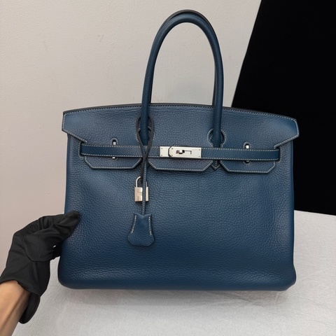 【震撼撿漏價💰全網最低價💫】Hermes/愛馬仕 Birkin35 普魯士藍走白色線 銀扣
