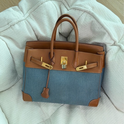 【震撼撿漏價💰全網最低價💫】Hermes/愛馬仕 Birkin35 金棕拼牛仔帆布  金扣