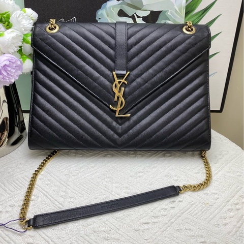 YSL  聖羅蘭 黑金 荔枝紋  鏈條 信封包