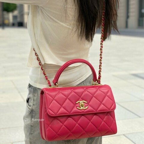 JS1602-CHANEL桃紅色羊皮Trendy cc下蓋手提風琴包A92236