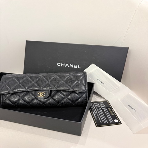 CHANEL✨經典翻蓋黑色金釦荔枝長夾長款錢包 黑金 25開