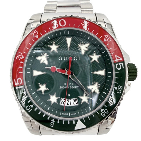 Gucci 男士日期顯示潛水錶，石英錶，綠色錶盤，GUCCI YA136222，不鏽鋼銀色錶殼