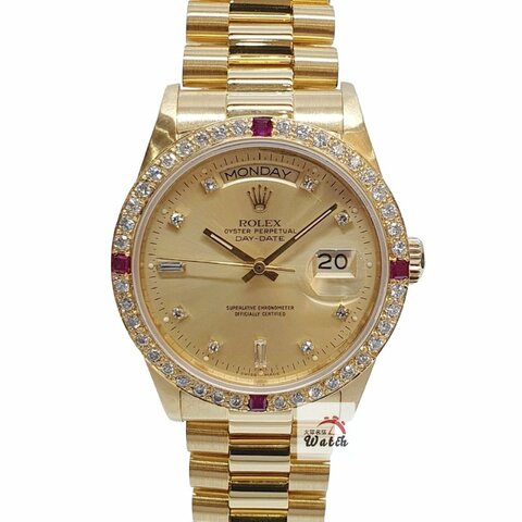 【大眾金時代】ROLEX 勞力士18038 Day-Date 18K金蠔式 紅蟳款 後加紅寶鑽圈 金色6.9T鑽面盤 錶徑36mm 自動上鍊 大眾金時代B1533