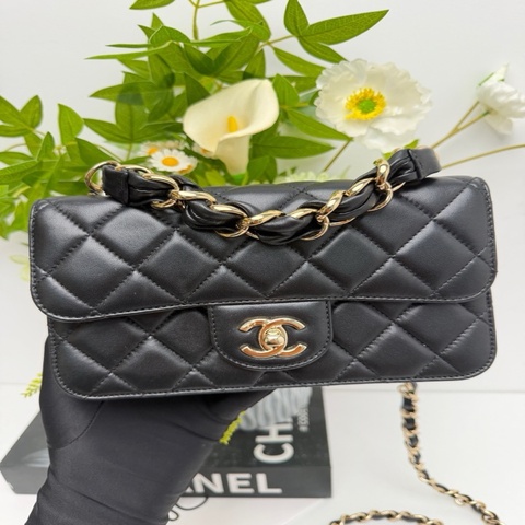 Chanel 香奈兒25B黑金 羊皮金扣 大mini迷你 手提斜挎包