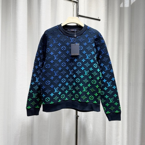 LV hoodie衛衣 M碼 藍綠炫彩 漸變老花滿印 太空棉 深藍色