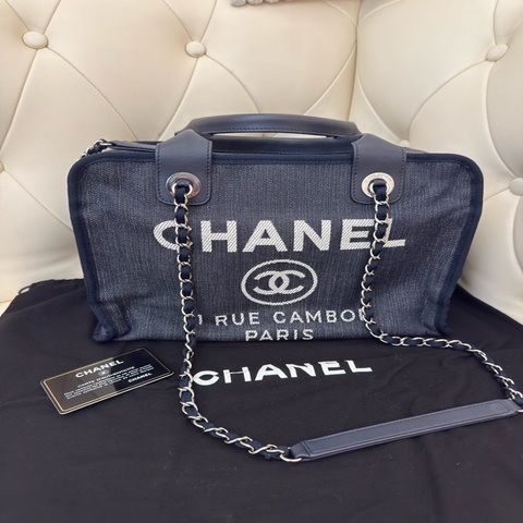 二手CHANEL絕版深藍色牛仔丹寧保齡球沙灘包波士頓包