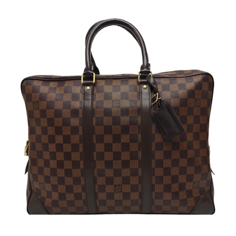 LOUIS VUITTON 路易威登 PORTE-DOCUMENTS 棕色塗層帆布棋盤格手提包 金色五金