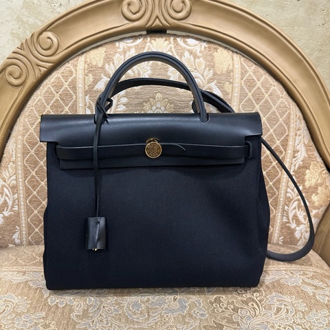 Hermes 89黑拼黑帆布金釦Herbag31