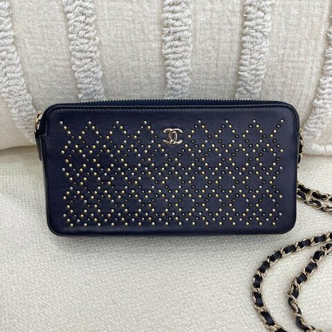 香奈兒 Chanel 鉚釘 WOC 藍色 羊皮 金扣