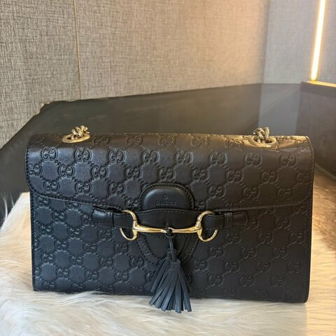 GUCCI 牛皮壓紋流蘇鏈包 大款 黑色