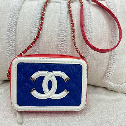 香奈兒 Chanel Vanity Case 小號相機包 紅藍白拼色 荔枝皮 金扣