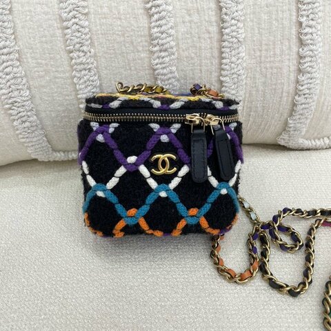 香奈兒 Chanel 彩色毛線金球盒子包 黑色 彩色毛線 金扣