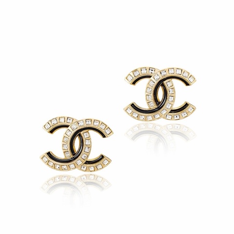 Chanel 香奈兒 Crystal and Gold Metal CC Earrings 經典雙C 水鑽貼耳針式耳環