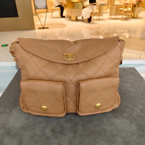 CHANEL香奈兒 24p 金棕SuppleTwins嬉皮包 hobo 單肩斜挎包 芯片款 尺寸：30*21.5