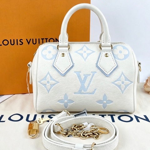 Louis Vuitton lv 路易威登 Speedy20 玉桂狗藍白配色 手提單肩斜挎包 芯片款。