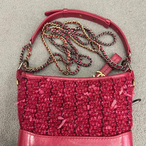 香奈兒 Chanel 小號流浪包 粗花呢 桃紅色 粗花呢拼牛皮 金銀五金