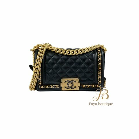 【CH0005】CHANEL黑色荔枝紋小牛皮 BOY 20CM 金釦鍊帶斜背包 A67085