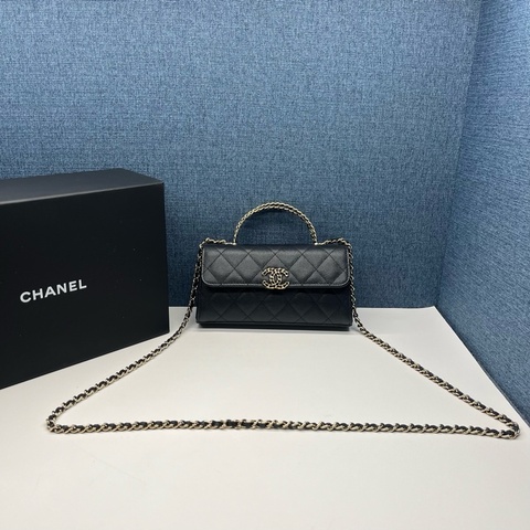 99新香奈兒Chanel橫版kelly黑金荔枝紋牛皮鏈條挎包