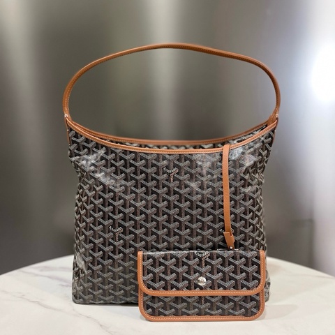 GOYARD 戈雅，Boheme Hobo，經典Y字老花滿印銀扣，棕色皮革手柄 帆布拼牛皮腋下包子母包單肩包