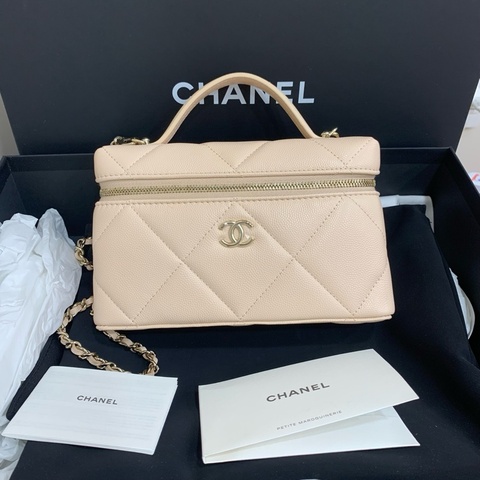 99新chanel 香奈兒 lp盒子25k金標logo菱格皮穿鏈 米色