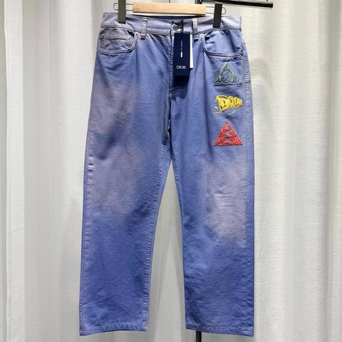 DIOR 迪奧 長褲 Jeans牛仔褲 30碼 徽章刺繡logo 扎染水洗 藍色