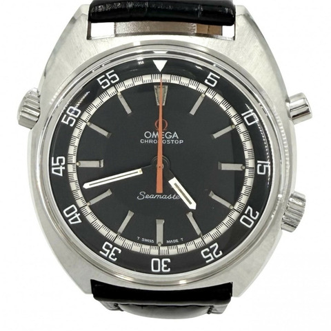歐米茄海馬系列男士腕錶，865 Chronostop MT 機芯，內錶圈，黑色錶盤，OMEGA 145.008，手動上鍊，不銹鋼，皮革錶帶，黑色，銀色配件。