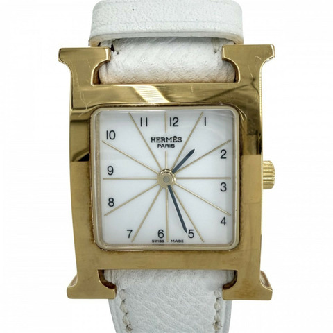 愛馬仕女士H系列腕錶，電池驅動，白色錶盤，型號HWATCH HERMES HH1.201，石英機芯，皮錶帶，金白配色，2007款