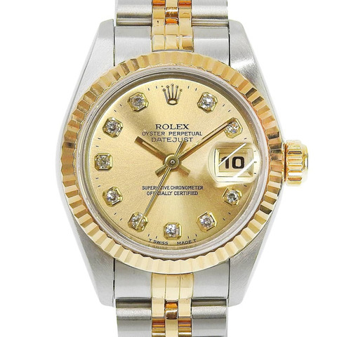 勞力士 Datejust 雙色腕錶 69173G W 序號，10 顆鑽石鑲嵌，香檳金錶盤，18K 黃金/不鏽鋼，自動上鍊機芯，錶徑約 26 毫米。