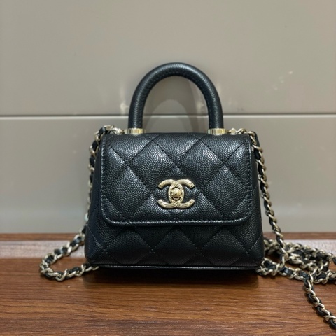 CHANEL/香奈兒 CocoHandle 超迷你 黑金扣荔枝牛魚子醬牛皮 手提包斜挎包