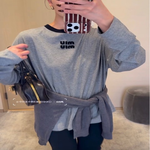 Miu Miu 灰色圓領logo 長袖Tshirt#xs
