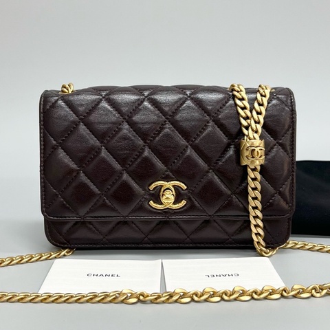 Chanel/香奈兒 棕羊皮金柱WOC鏈條包 芯片款 尺寸；19*13cm 附件塵袋