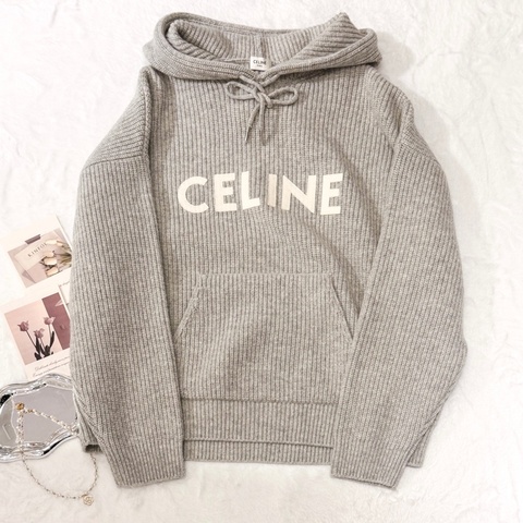 CELINE 灰色華夫格羊毛連帽針織衛衣