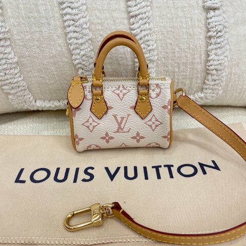 路易威登 Louis Vuitton Speedy Micro 吊飾 白粉老花 PVC拼牛皮 金扣
