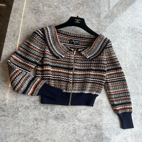 Chanel 17C古巴系列棕色条纹针织开衫fr36