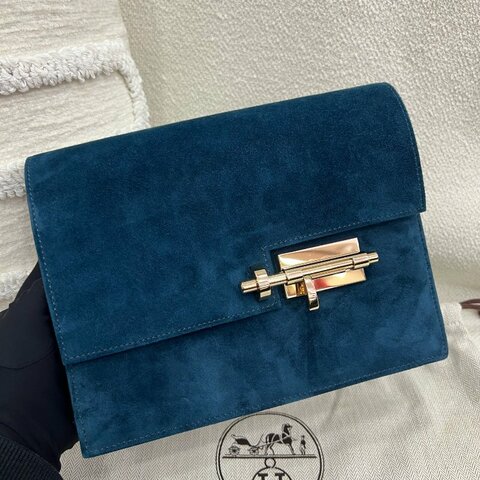 愛馬仕 Hermès Verrou 手槍包 手包 Z7深海藍 麂皮 銀扣 閒置新 T刻