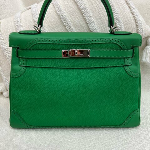 愛馬仕 Hermès Kelly 32 蕾絲 1K竹子綠 Togo拼Swift皮 銀扣 R刻