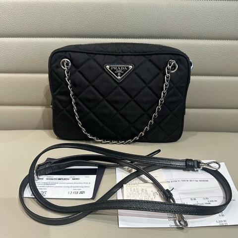 Prada 普拉達 黑銀尼龍菱格紋 波士頓小方包 皮穿鏈手提斜挎包 配件卡肩帶 票 21.5*14.5*6