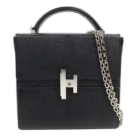 HERMES Chevre皮革Cinhetic Box肩背袋Black/Bleu Saphir