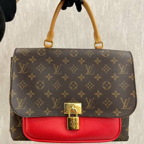 路易威登 Louis Vuitton Marignan 鎖頭郵差包 紅色拼老花 皮革 金扣
