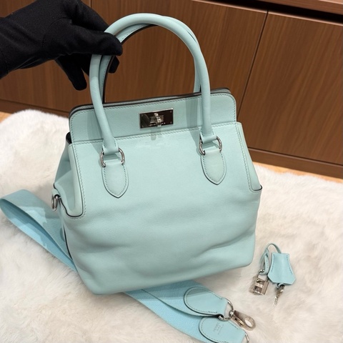 Hermes愛馬仕 馬卡龍藍色銀扣牛奶盒子toolbox手提單肩斜挎包