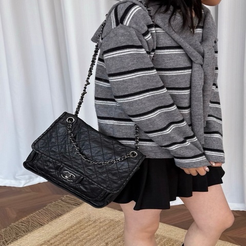 chanel 黑銀牛皮機場鏈條包